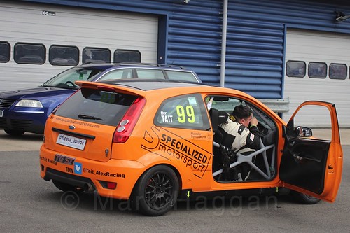 Alexander Tait gets out of his car after Race 2, Fiesta Junior Championship, Rockingham, Sept 2015