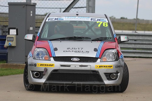 Carlito Miracco in scrutineering after Race 2 at the BRSCC Fiesta Junior Championship, Rockingham, Sept 2015