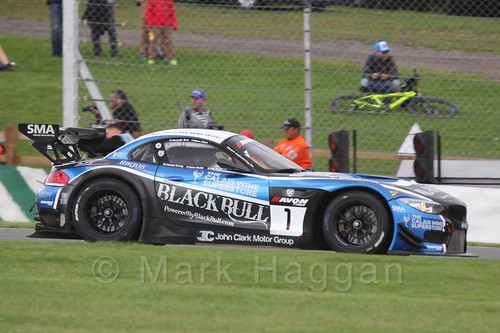 The Ecurie Ecosse BMW Z4 GT3 of Marco Attard and Alexander Sims in British GT Racing at Donington, September 2015