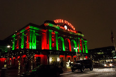 Denver Union Station in red and green for the season