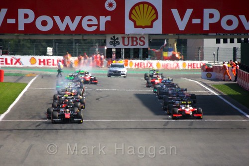 The start of the GP2 Feature Race at the 2015 Belgium Grand Prix
