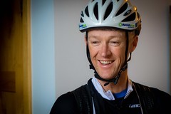 Andrew Nicholson, cycling around the world in 125 days leaves Canmore, Canada.