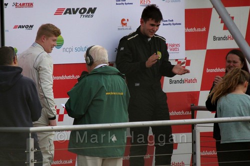 Carlito Miracco takes his place on the podium at the Fiesta Junior Championship, Brands Hatch, 2015