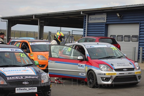 Carlito Miracco gets out of the car after Race 2 at the BRSCC Fiesta Junior Championship, Rockingham, Sept 2015