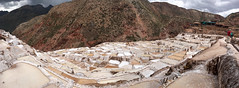 A panorama of Las Salineras Pre-Incan Salt Pans in Urubamba, Peru.